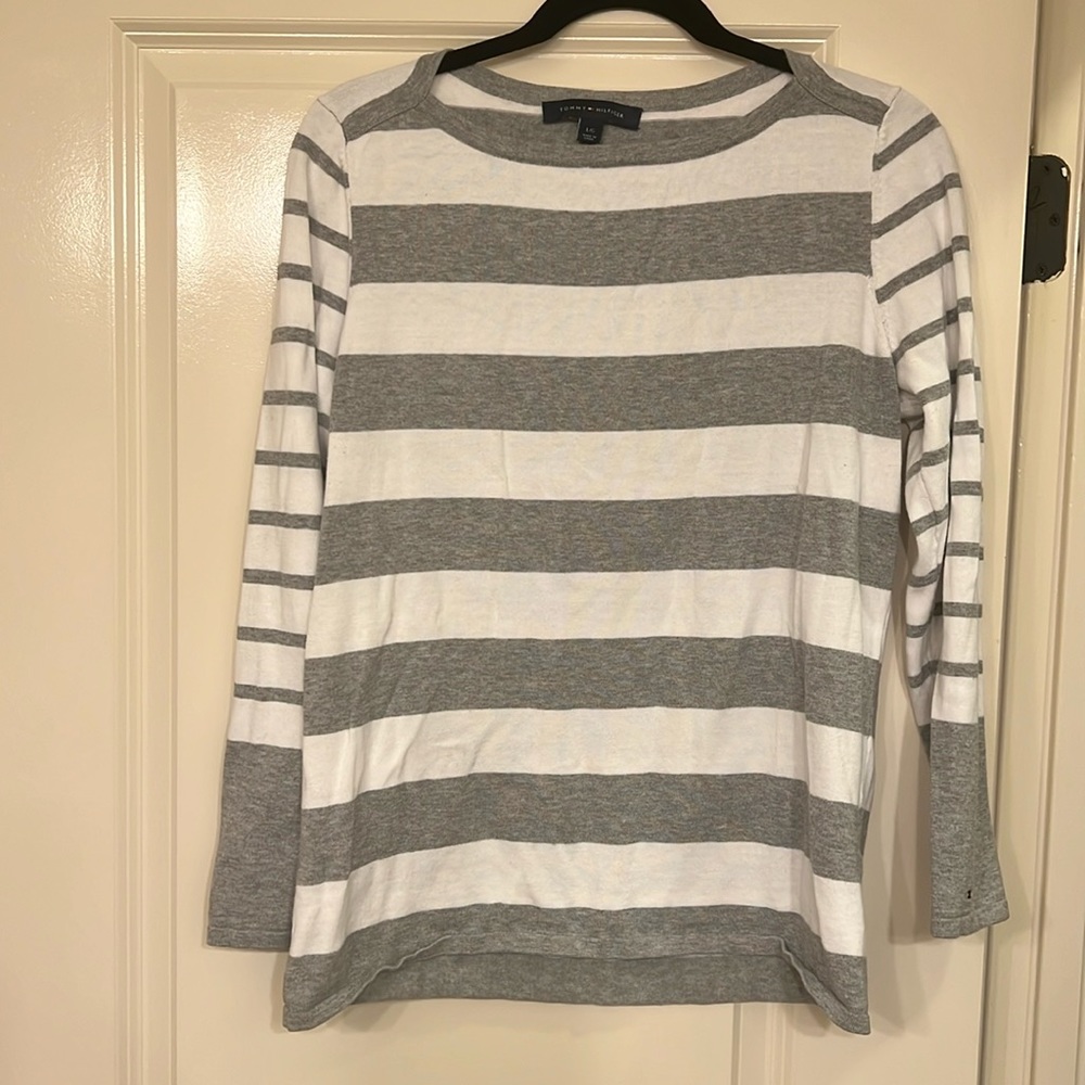 Tommy Hilfiger gray and white striped long sleeved sweater shirt